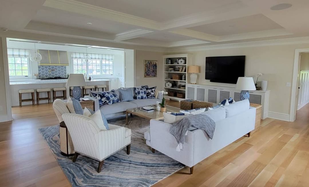 picture of luxury remodeld living room with custom ceiling